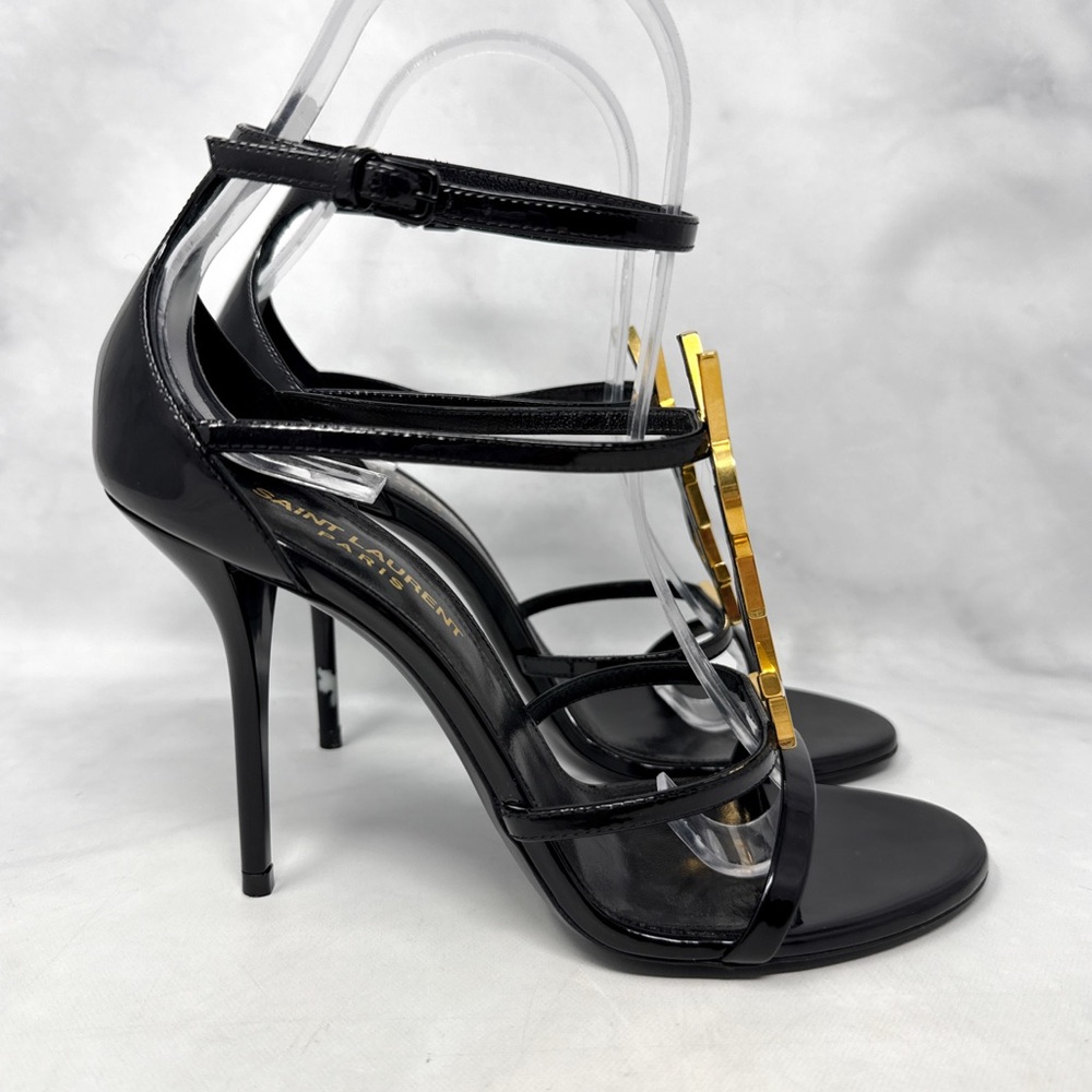 Saint Laurent YSL Cassandra Patent Leather Strappy Sandal Heels Black Gold 36.5 - Picture 7 of 16